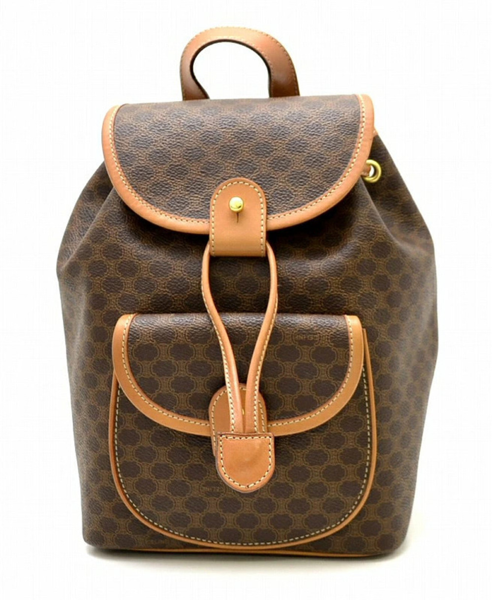 Celine Macadam Drawstring Backpack Crossbody Bag Leather Brown